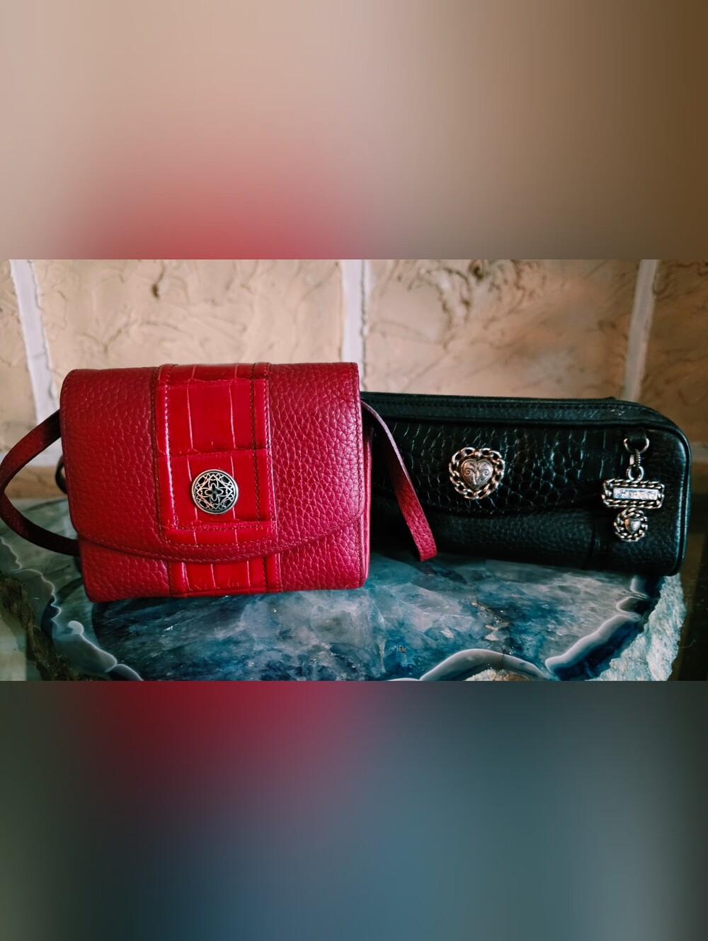 Brighton Red Leather Crossbody Wallet for Women -and Make Up Brush Bag